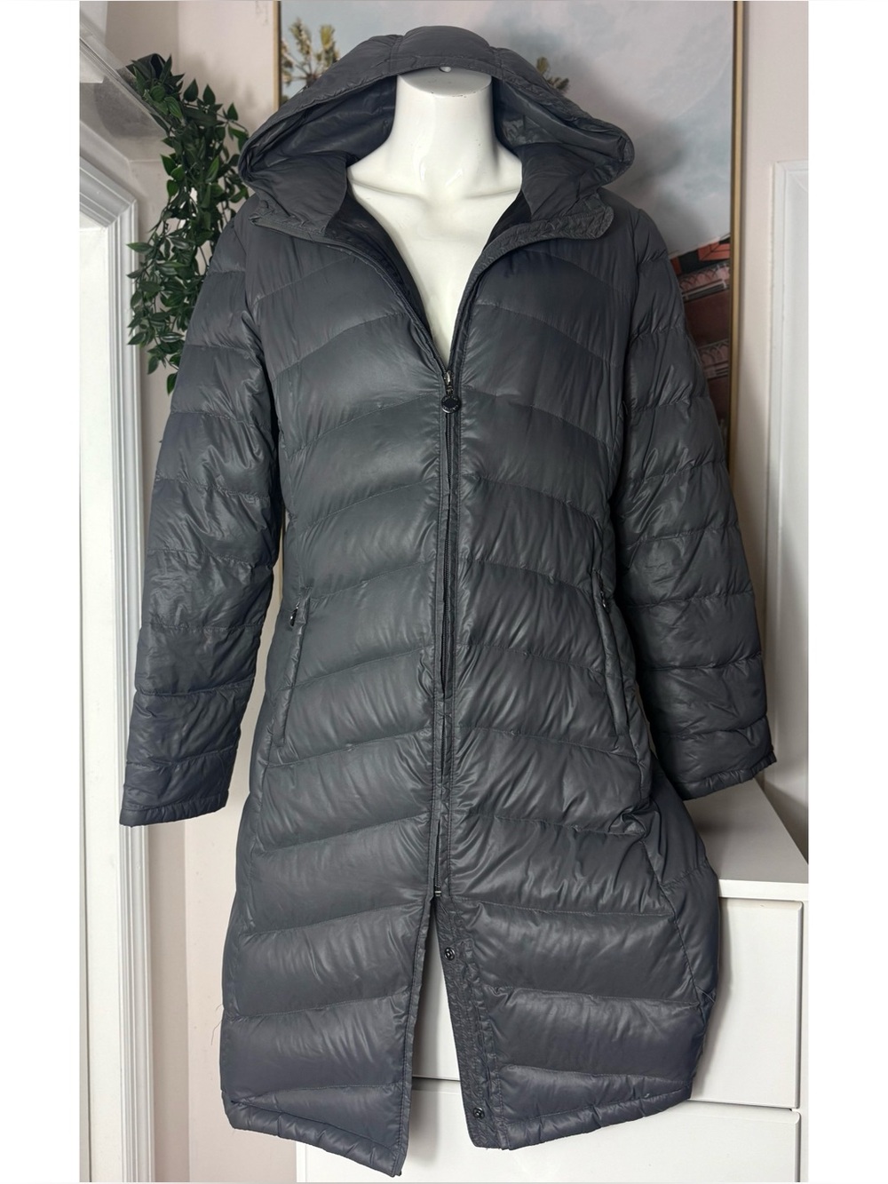 Calvin Klein Grey Duck Down Puffer Long Coat Packable Hooded Zip Size Large